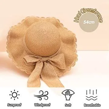 Kids Girl Summer Straw Hat Foldable Wide Brim Cap Sun Visor Hats Sun Protection Beach Straw Hats Bowknot Floppy Cap for Travel Holiday (Khaki)