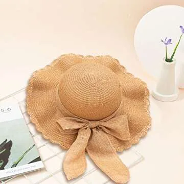 Kids Girl Summer Straw Hat Foldable Wide Brim Cap Sun Visor Hats Sun Protection Beach Straw Hats Bowknot Floppy Cap for Travel Holiday (Khaki)