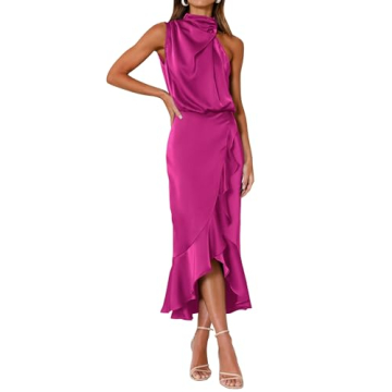 KIRUNDO Women's 2025 Summer Satin Mock Neck Wedding Guest Party Cocktail Midi Dress (Rose Red, Small...
