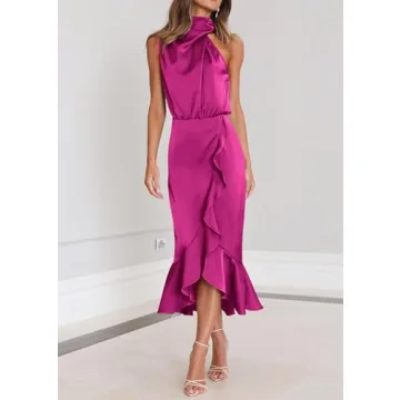 Elegant KIRUNDO Satin Mock Neck Midi Dress for Women