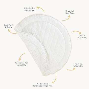 MakeMake Organics Organic Play Mat GOTS Certified Organic Cotton Nursery Floor Rug Washable Reversible Non Toxic Activity Mat Tummy Time Crawling Pad Thick Quilted (Round 48", Dotty + Solid Ivory)