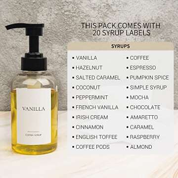 Ezebesta Set of 4 Coffee Syrup Dispenser Bottle 300ml PET Plastic Pump Bottles with Labels for Coffee Bar Station Organization