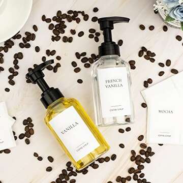 Ezebesta Set of 4 Coffee Syrup Dispenser Bottle 300ml PET Plastic Pump Bottles with Labels for Coffee Bar Station Organization