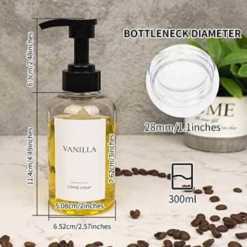 Ezebesta Set of 4 Coffee Syrup Dispenser Bottle 300ml PET Plastic Pump Bottles with Labels for Coffee Bar Station Organization