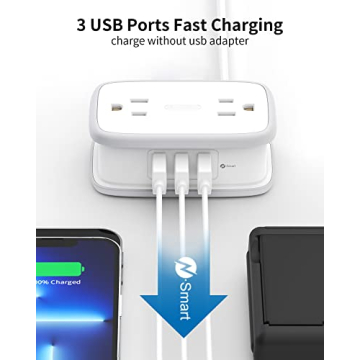 Travel Power Strip with USB Ports, NTONPOWER 4 Outlets 3 USB with 4FT Wrapped Short Extension Cord Flat Plug, USB Portable Desktop Charging Station, Compact for Hotel Travel Cruise Essentials, White