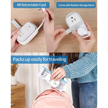 Travel Power Strip with USB Ports, NTONPOWER 4 Outlets 3 USB with 4FT Wrapped Short Extension Cord Flat Plug, USB Portable Desktop Charging Station, Compact for Hotel Travel Cruise Essentials, White