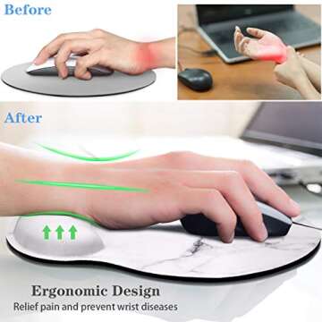 WAVEYU Ergonomic Mouse Pad with Wrist Support, Decorative Mouse Mat for Women Non-Slip Rubber Base Mousepad for Desk Laptop Gaming Working Computers Easy Typing & Pain Relief, White Marble