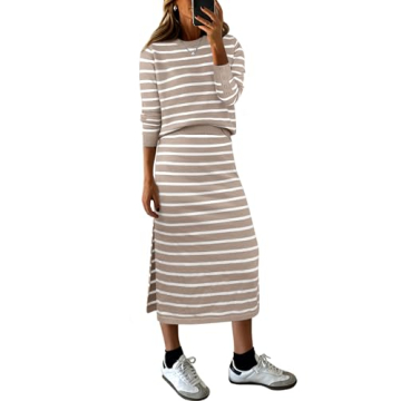 ANRABESS Women 2 Piece Outfits Striped Sweater Skirt Sets 2024 Fall Casual Long Sleeve Pullover Top ...