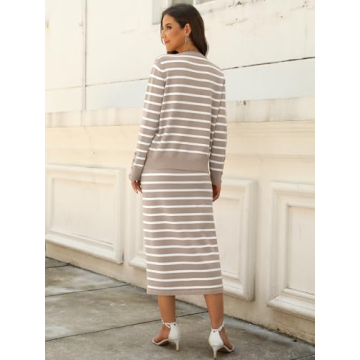 ANRABESS Women 2 Piece Outfits Striped Sweater Skirt Sets 2024 Fall Casual Long Sleeve Pullover Top Lounge Travel Midi Dress Almond White Medium