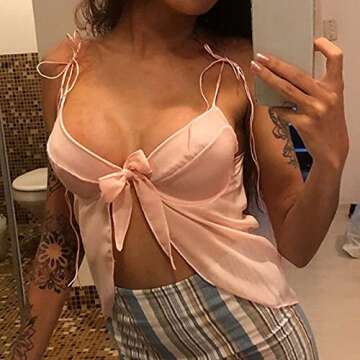 CJWSLYT Women Pink Lace Up Camisole Tops Sweet Sexy Sleeveless V Neck Solid Tank Top Club Holiday Casual Crop Top (Color : Pink, Size : Small)
