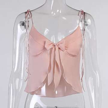 CJWSLYT Women Pink Lace Up Camisole Tops Sweet Sexy Sleeveless V Neck Solid Tank Top Club Holiday Casual Crop Top (Color : Pink, Size : Small)
