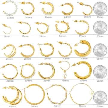 XingMei Story 36 Pairs Gold Earrings Set for Women, Fashion Pearl Chain Link Stud Drop Dangle Earrings Multipack Hoop Earring Packs, Hypoallergenic Earrings for Birthday Party Jewelry