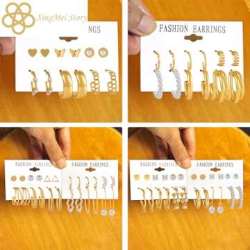 XingMei Story 36 Pairs Gold Earrings Set for Women, Fashion Pearl Chain Link Stud Drop Dangle Earrings Multipack Hoop Earring Packs, Hypoallergenic Earrings for Birthday Party Jewelry
