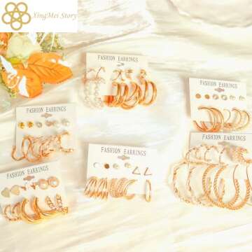 XingMei Story 36 Pairs Gold Earrings Set for Women, Fashion Pearl Chain Link Stud Drop Dangle Earrings Multipack Hoop Earring Packs, Hypoallergenic Earrings for Birthday Party Jewelry