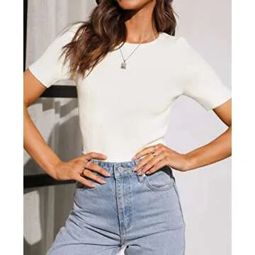 ZESICA Women's Short Sleeve Crewneck T Shirt 2024 Summer Ribbed Knit Slim Fit Basic Solid Color Tee ...