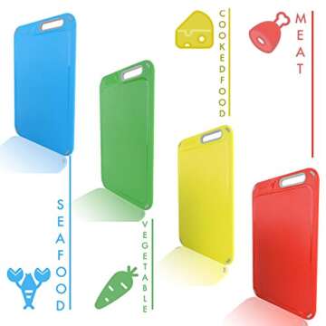 Plastic Cutting Board, Set of 4 with Storage Stand, Color Box Packed, BPA-Free, Preventing Cross-contamination of Different Food Types, Dishwasher Safe