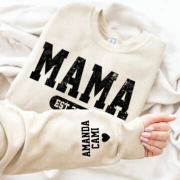 Personalized Mama Sweatshirt with Kids Names on Sleeve, Mama Est Sweatshirt, Custom Mama Sweatshirt,...