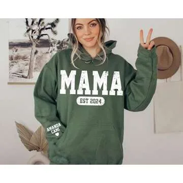 Personalized Mama Sweatshirt with Kids Names on Sleeve, Mama Est Sweatshirt, Custom Mama Sweatshirt, New Mom Gift, Birthday Gift for Mom, Sweatshirt Crewneck for Mama Grandma