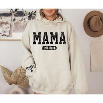 Personalized Mama Sweatshirt with Kids Names on Sleeve, Mama Est Sweatshirt, Custom Mama Sweatshirt, New Mom Gift, Birthday Gift for Mom, Sweatshirt Crewneck for Mama Grandma