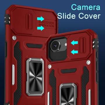 DEERLAMN Case for iPhone 16E with Slide Camera Cover+Screen Protector (2 Packs), Rotated Ring Kickst...