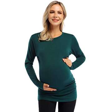FUNJULY Maternity Shirt Side Button and Ruched Maternity Tunic Tops Maternity Long Sleeve T-Shirts (M,Green-Long)
