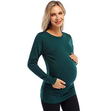 FUNJULY Maternity Shirt Side Button and Ruched Maternity Tunic Tops Maternity Long Sleeve T-Shirts (M,Green-Long)