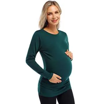 FUNJULY Maternity Shirt Side Button and Ruched Maternity Tunic Tops Maternity Long Sleeve T-Shirts (M,Green-Long)