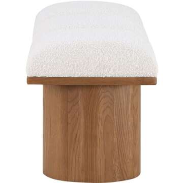 Meridian Furniture 467Cream-3B Pavilion Collection Art Deco Bench with Rich Cream Boucle Fabric and Walnut Brown Finished Oak Veneer, 46.5" W x 18" D x 17.5" H, Cream