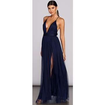 Windsor Long Formal Tulle Dress, Sleeveless V-Neck Tulle Ball Gown with High Front Slits, Small, Navy