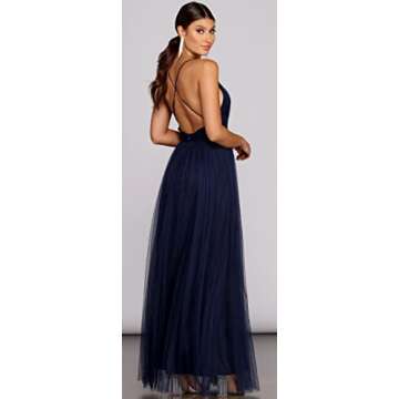 Windsor Long Formal Tulle Dress, Sleeveless V-Neck Tulle Ball Gown with High Front Slits, Small, Navy