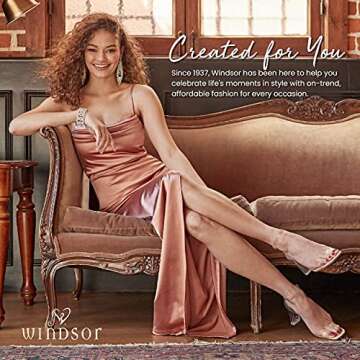 Windsor Long Formal Tulle Dress, Sleeveless V-Neck Tulle Ball Gown with High Front Slits, Small, Navy