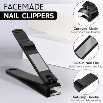 FACEMADE Nail Clippers Set - 2 Pack Premium Sharp Stainless Steel Fingernail & Toenail Clippers with Sturdy Travel Tin Case, Professional Manicure Kit Fingernail Tools for Nail Care (Black)