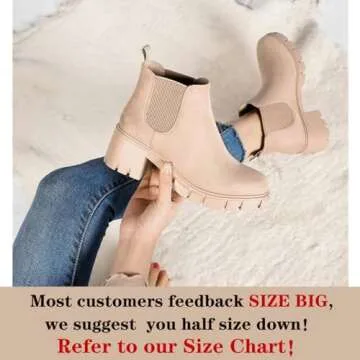 GOUPSKY Ankle Boots for Women Lug Sole Slip On Chelsea Booties Platform Chunky Mid Block Heel Suede Boot Nude 8.5
