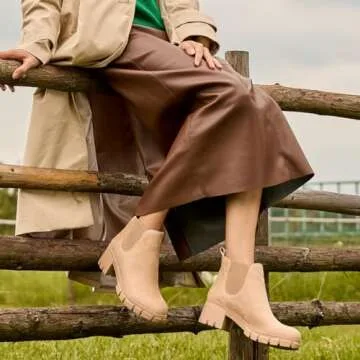 GOUPSKY Ankle Boots for Women Lug Sole Slip On Chelsea Booties Platform Chunky Mid Block Heel Suede Boot Nude 8.5