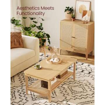 VASAGLE 2-Tier Coffee Table for Living Room, Living Room Table Rectangular Center Table, with PVC Rattan Storage Shelf, Rounded Corners, Easy Assembly, Boho Style, Oak Beige ULCT240Y57