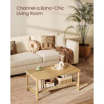 VASAGLE 2-Tier Coffee Table for Living Room, Living Room Table Rectangular Center Table, with PVC Rattan Storage Shelf, Rounded Corners, Easy Assembly, Boho Style, Oak Beige ULCT240Y57