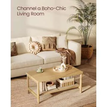 VASAGLE 2-Tier Coffee Table for Living Room, Living Room Table Rectangular Center Table, with PVC Rattan Storage Shelf, Rounded Corners, Easy Assembly, Boho Style, Oak Beige ULCT240Y57