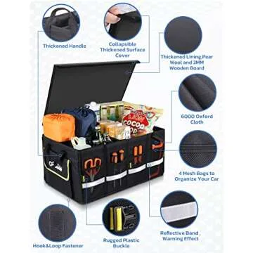 Oasser Car Trunk Organizer, Collapsible Waterproof Multi Compartments Car Storage Organizer with Foldable Cover Reflective Strip (Standard, Black)