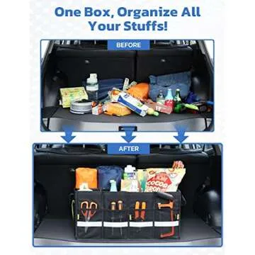 Oasser Car Trunk Organizer, Collapsible Waterproof Multi Compartments Car Storage Organizer with Foldable Cover Reflective Strip (Standard, Black)