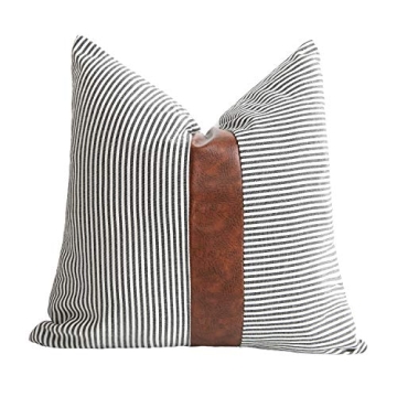 Merrycolor Farmhouse Decorative Throw Pillow Covers for Couch Stripe Faux Leather Accent Pillow Cover Boho Modern Decor Pillow Case 18 x 18 Inch(Black)