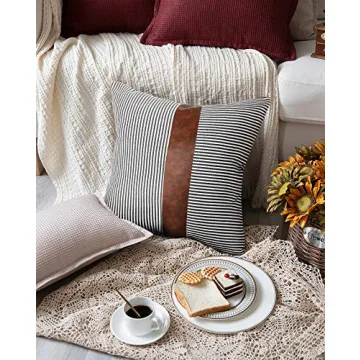 Merrycolor Farmhouse Decorative Throw Pillow Covers for Couch Stripe Faux Leather Accent Pillow Cover Boho Modern Decor Pillow Case 18 x 18 Inch(Black)