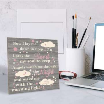 Love Sign, Wood Plaque Table Art Sign 6.2 * 6.2inch, Girl Nursery Decor, Bedtime Prayer for Girl, Daughter Room Decor, Warm Home Decor, Bedside Table Decor, Christmas Gift, Now I Lay Me Down To Sleep