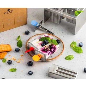 ecozoi Stainless Steel Popsicle Molds, 6 Mini Popsicle Makers, 6 Reusable Stainless Steel Sticks, 12 Silicone Seals and 1 Rack, Eco Popsicle Molds for Kids and Adults, 2 oz Per Mold (Square)