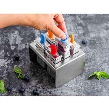 ecozoi Stainless Steel Popsicle Molds, 6 Mini Popsicle Makers, 6 Reusable Stainless Steel Sticks, 12 Silicone Seals and 1 Rack, Eco Popsicle Molds for Kids and Adults, 2 oz Per Mold (Square)