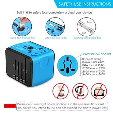 APzek Universal Travel Adapter, International Power Adapter with 3USB + 1Type C Ports, European Worldwide AC Outlet Plugs Charger for Europe UK US AU Asia 200+ Countries, Blue