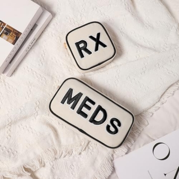 uekeboag Canvas Chenille Letter Medicine Makeup Bag, Small Travel Washable Organizer Bag for Purse with Zipper, Cute Personalized Preppy Drug Pouch For Women and Girls(02Black-Meds)