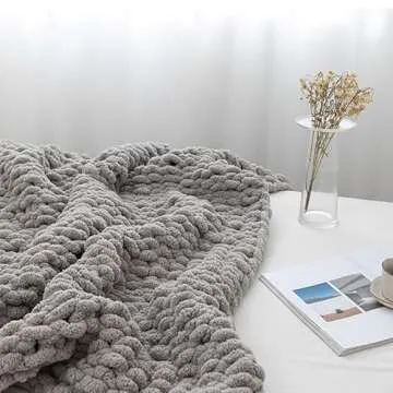 Chunky Knit Blanket Throw 40"×40", Hand Knitted Warm Chenille Throw Blanket, Home Decor Soft Thick Yarn Cable Knit Blanket, Soft Breathable Fleece Banket Christmas for Couch Bed Sofa Best Gift (Gray)