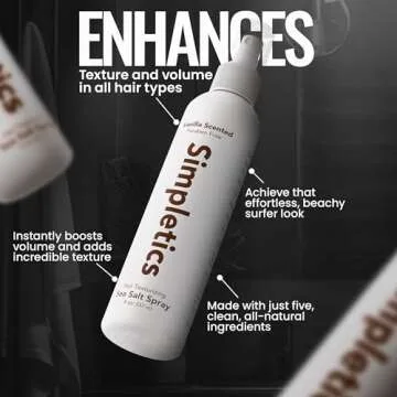 Simpletics Himalayan Sea Salt Spray for Straight & Wavy Hair - All Natural, 5 Ingredient, Texturizing & Volumizing Product - Vanilla Scented - Adds Volume, Texture, Beach Look to Men & Women, 240ml...