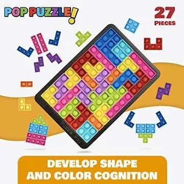 Power Your Fun Pop Puzzle Popper Fidget Game - 27pc Jigsaw Puzzle Game Pop Push It Bubble Sensory Fidget Toys for Learning, Stress Relief Silicone Push It Popper Board for Kids and Adults (Black)
