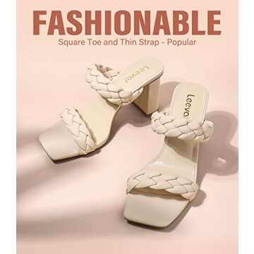 Leevar Stylish Square Toe Braided Heels for Women - Tan Womens Block Heel Sandals - 3 inches Woven Chunky Heels, Nude Nubuck, Size 8